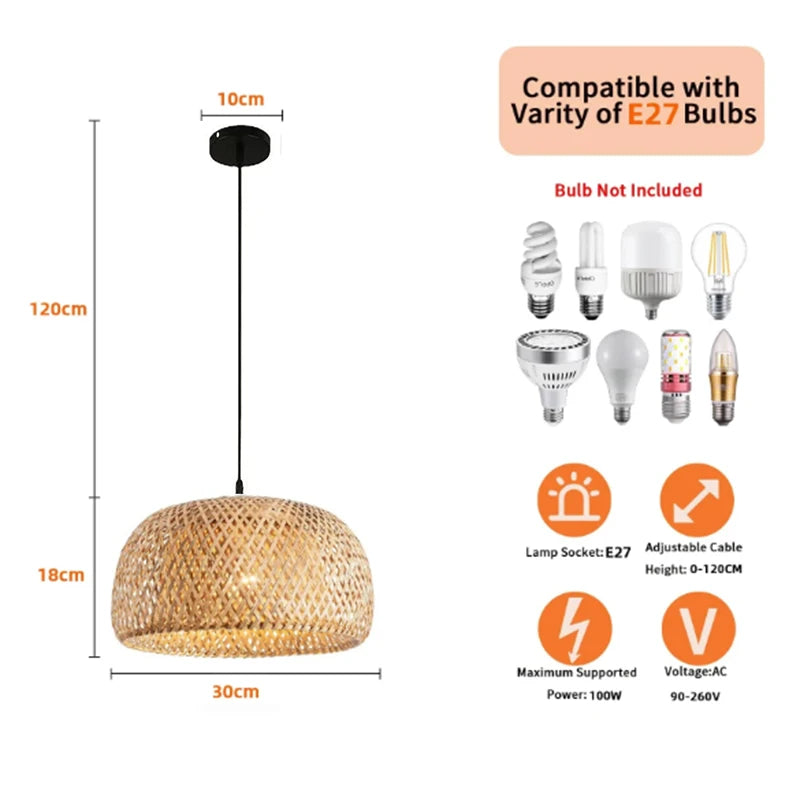 Bamboo Lantern 30cm Pendant Lamp Natural Rattan Wicker